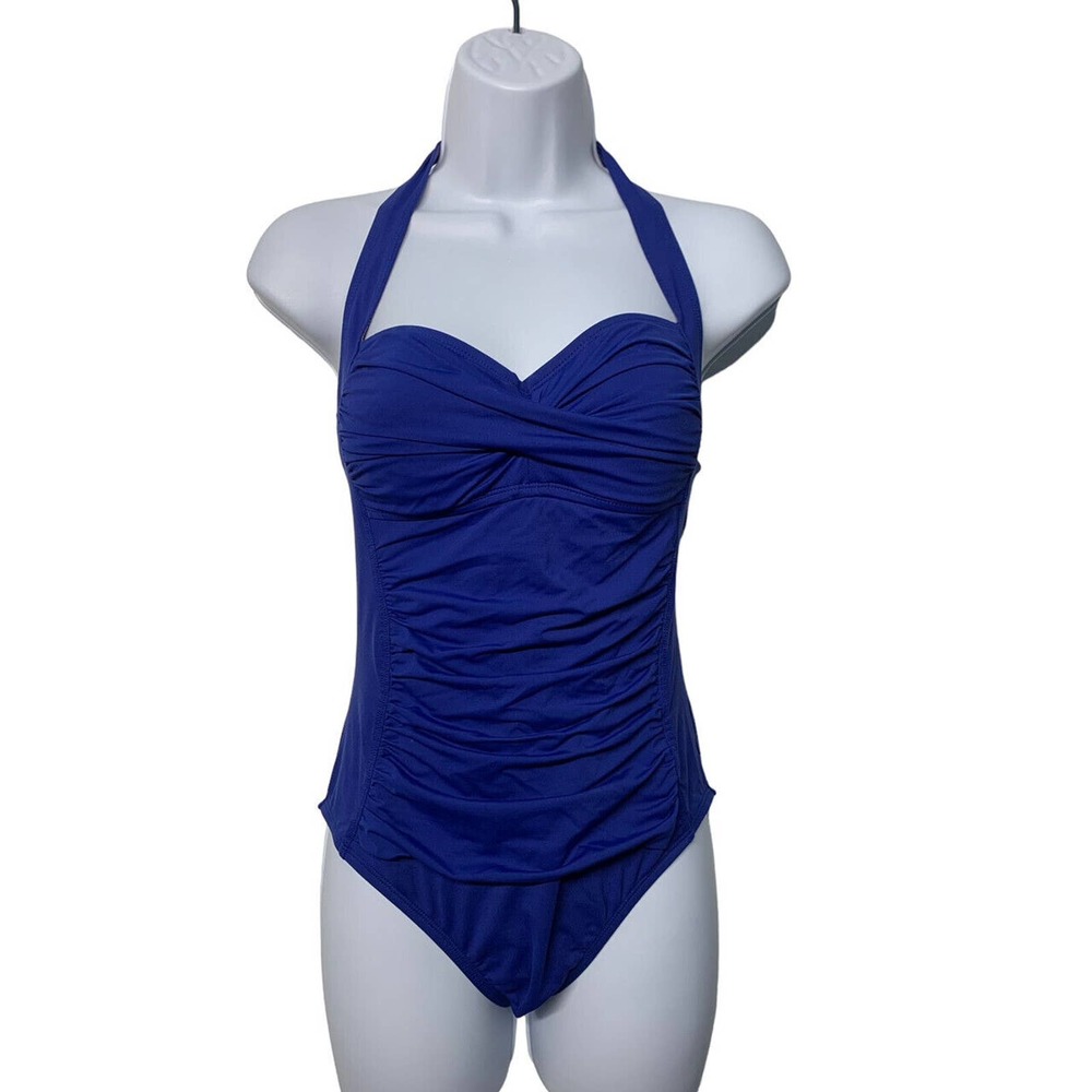 La Blanca Womens 8 Blue Halter Neck Built in Bra One Piece Swimsuit